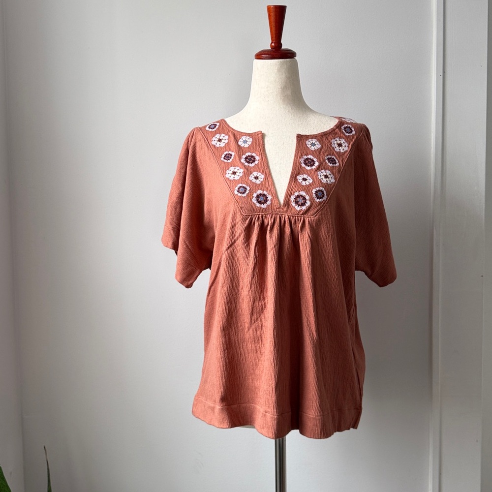 Madewell Women's Rust Blouse XS Oversized Embroidered Cotton Blend Boho Top